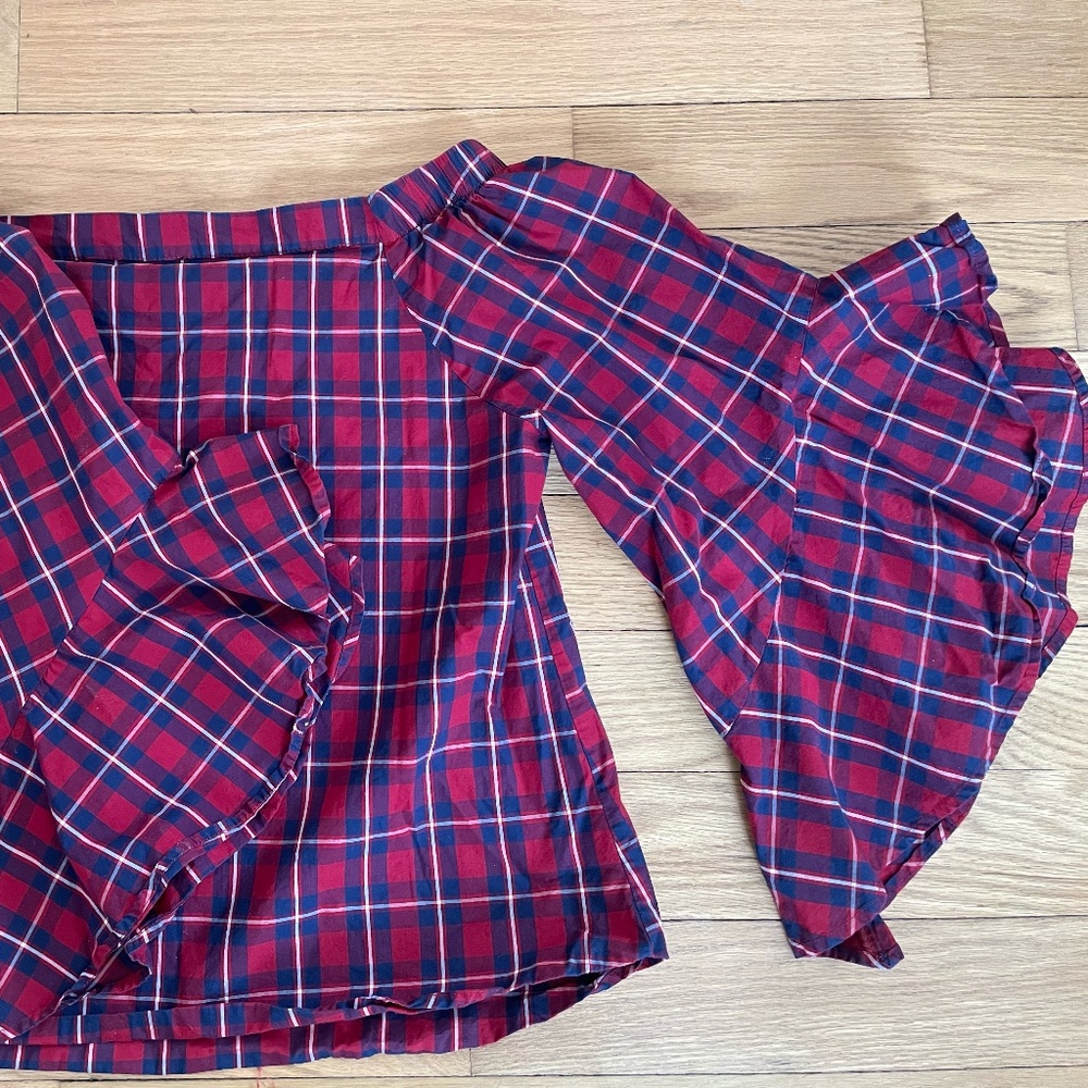 Red Plaid Off Shoulder Blouse With Flair Sleeves